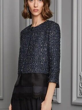 St. John Sequined Front Tweed Cropped Jacket In Navy And Black Size 6